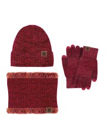 Fashion Wine Red Three-piece Suit Chenille Knit Label Scarf Hooded Gloves Three-piece Set