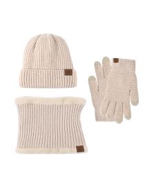 Fashion Beige Three-piece Suit Chenille Knit Label Scarf Hooded Gloves Three-piece Set
