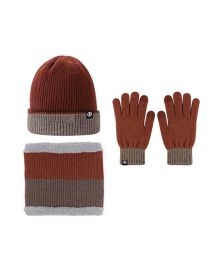 Fashion [caramel + Deep Camel] Three-piece Set For Double-sided Wear Acrylic Knit Labeled Scarf Hat Gloves Three Piece Set