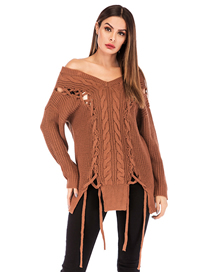 Fashion Camel Blended Drawstring Knitted One-shoulder Sweater