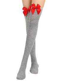 Fashion Light Grey 3-red Knot Polyester Knit Bow Tall Socks