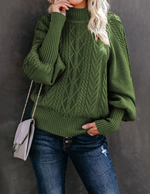 Fashion Armygreen Acrylic Solid Knit Half Turtleneck Puff Sleeve Sweater