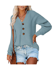 Fashion Light Blue Cotton-breasted V-neck Knitted Sweater