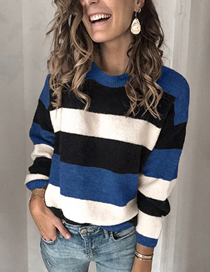 Fashion Blue Polyester Contrast Striped Knit Pullover Sweater