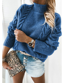 Fashion Blue Solid Color Turtleneck Knitted Sweater