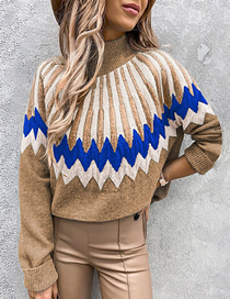 Fashion Khaki Polyester Print Turtleneck Knit Sweater