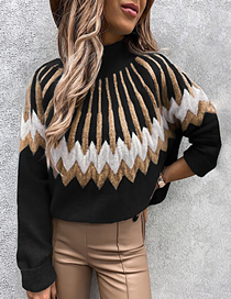 Fashion Black Polyester Print Turtleneck Knit Sweater