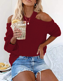 Fashion Wine Red Acrylic Knit Halter Off-shoulder Sweater