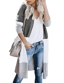 Fashion Grey Striped Panel Knitted Sweater Cardigan