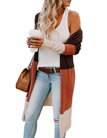 Fashion Coffee Striped Panel Knitted Sweater Cardigan