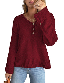 Fashion Claret Polyester Button Knit Dropped Shoulder Sweater