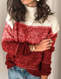 Fashion Wine Red Acrylic Striped Turtleneck Knit Sweater