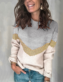 Fashion Grey Polyester Contrast Panel Knit Pullover Crewneck Raglan Sweater