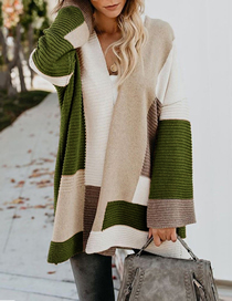 Fashion Green Cotton Color Block Knit Sweater Cardigan
