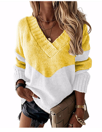Fashion Striped Yellow V-neck Colorblock Knitted Sweater