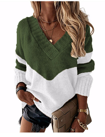 Fashion Striped Army Green V-neck Colorblock Knitted Sweater