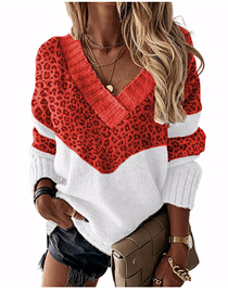 Fashion Leopard Red V-neck Colorblock Knitted Sweater