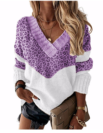 Fashion Leopard Purple V-neck Colorblock Knitted Sweater