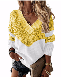 Fashion Leopard Yellow V-neck Colorblock Knitted Sweater