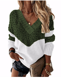 Fashion Leopard Army Green V-neck Colorblock Knitted Sweater