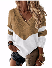 Fashion Striped Khaki V-neck Colorblock Knitted Sweater