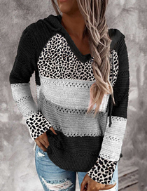 Fashion Black Cotton Leopard-paneled Striped Hooded Knit Top