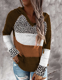 Fashion Dark Brown Cotton Leopard-paneled Striped Hooded Knit Top
