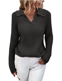 Fashion Black Solid Color Lapel Knit Crew Neck Sweater
