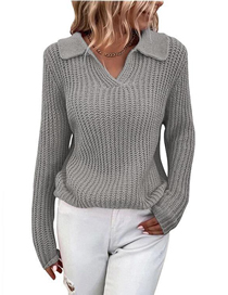 Fashion Grey Solid Color Lapel Knit Crew Neck Sweater