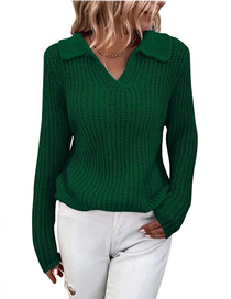Fashion Green Solid Color Lapel Knit Crew Neck Sweater