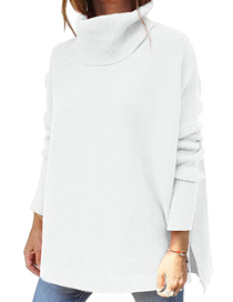 Fashion White Polyester Slit Turtleneck Knitted Sweater