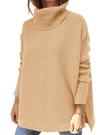 Fashion Khaki Polyester Slit Turtleneck Knitted Sweater