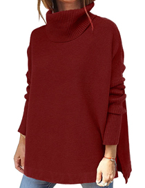 Fashion Claret Polyester Slit Turtleneck Knitted Sweater