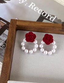Fashion Red Flocked Floral Pearl Round Stud Earrings