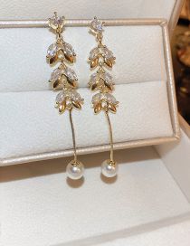 Fashion Gold (tassel) Alloy Set Zirconium Leaf Pearl Tassel Drop Earrings