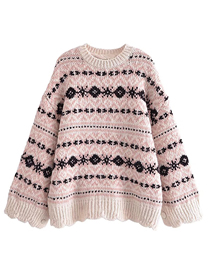 Fashion Pink Knitted Jacquard Side Slit Sweater