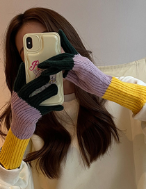 Fashion Purple Colorblock Knitted Five-finger Gloves