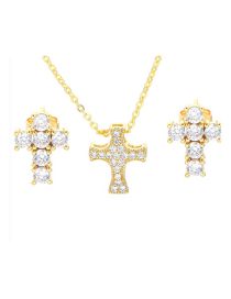 Fashion Gold White Zirconium Bronze Zirconium Cross Stud Necklace Set