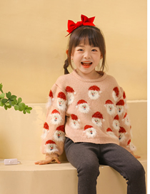Fashion Pink Christmas Jacquard Knit Kids Crew Neck Sweater