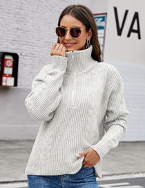 Fashion Light Grey Solid Cable Knit Lapel Sweater