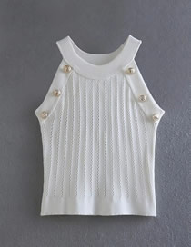 Fashion White Knitted Hollow Buttons Round Neck Vest