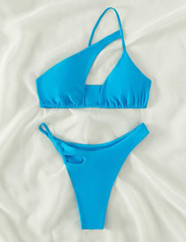 Fashion Sky Blue Nylon One-shoulder Cutout Two-piece Swimsuit