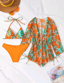 Fashion Orange Polyester Printed Halter Neck Ties Two-piece Swimsuit Three-piece Set
