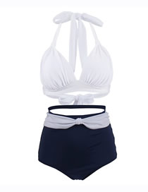 Fashion White + Dark Blue Polyester Halter Neck Tie High Waist Two-piece Swimsuit