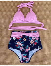 Fashion Pink + Pink Flower Polyester Halter Neck Tie High Waist Two-piece Swimsuit