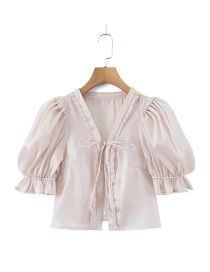 Fashion Pink Tie Rope Bubble Sleeve Short Shirt