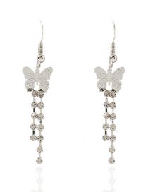 Fashion Silver Alloy Diamond Tassel Butterfly Earrings