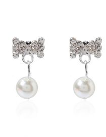 Fashion Silver Alloy Diamond Bow Knot Pearl Earrings