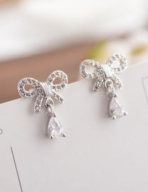 Fashion Platinum Plated Copper Brass And Diamond Bow Stud Earrings