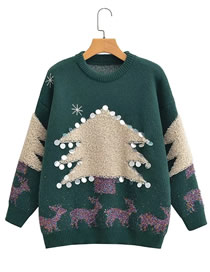 Fashion Green Christmas Embroidered Crew Neck Sweater